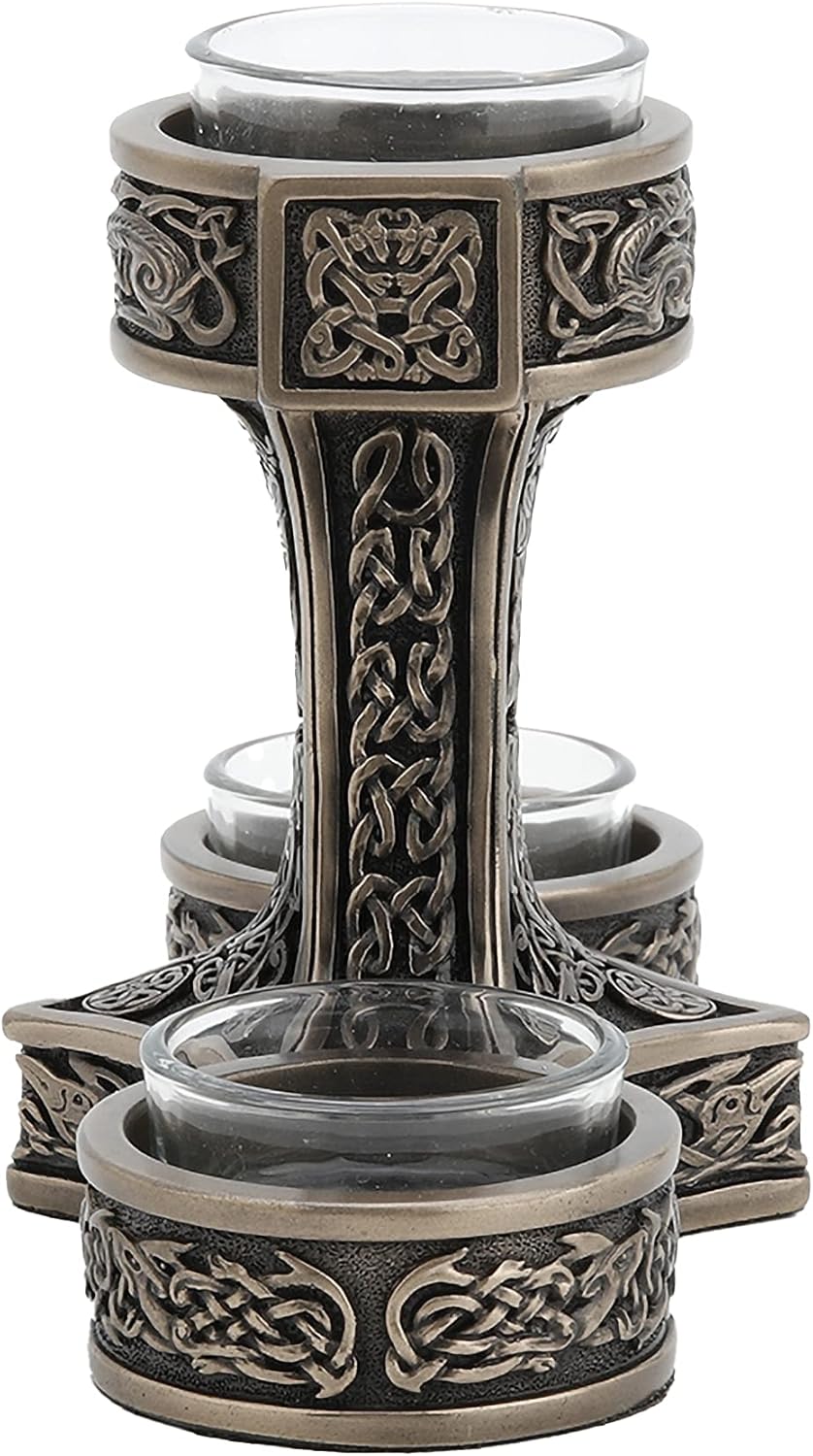 Veronese Design 4 7/8 Inch Tall Mjolnir Hammer of Thor Triple Head Tealight Candle Holder Viking Nordic Decor Cold Cast Bronzed Resin Sculpture