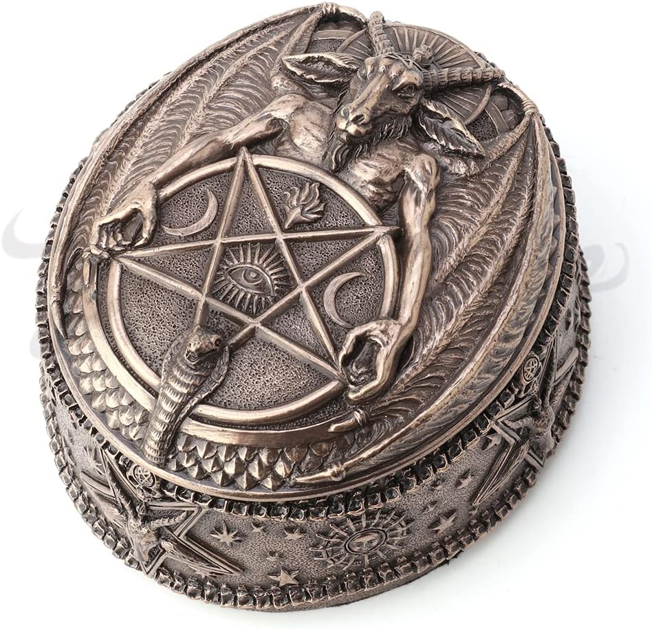 Veronese Design Baphomet With Inverted Pentagram Bronze Finished Round Trinket Box
