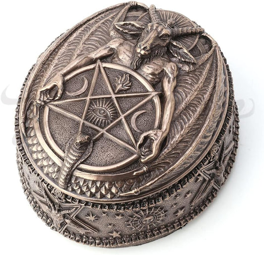 Veronese Design Baphomet With Inverted Pentagram Bronze Finished Round Trinket Box