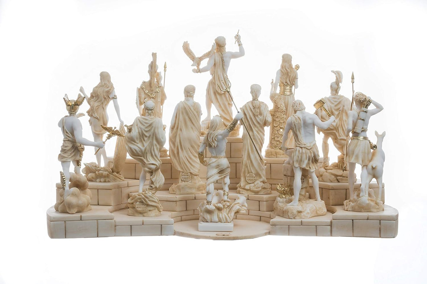 BeautifulGreekStatues Set 12 Olympian Gods of Mount Olympus Pantheon Gold Tone Alabaster Statues 6.7"