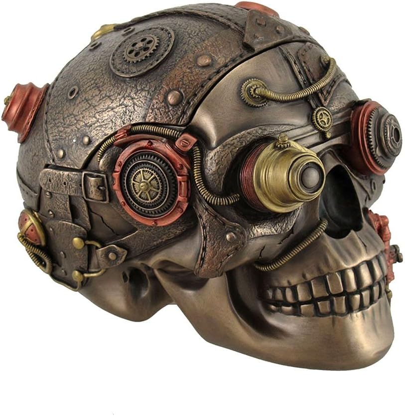 Veronese Design Bronze Finish Leather Look Gearhead Steampunk Skull Trinket/Stash Box