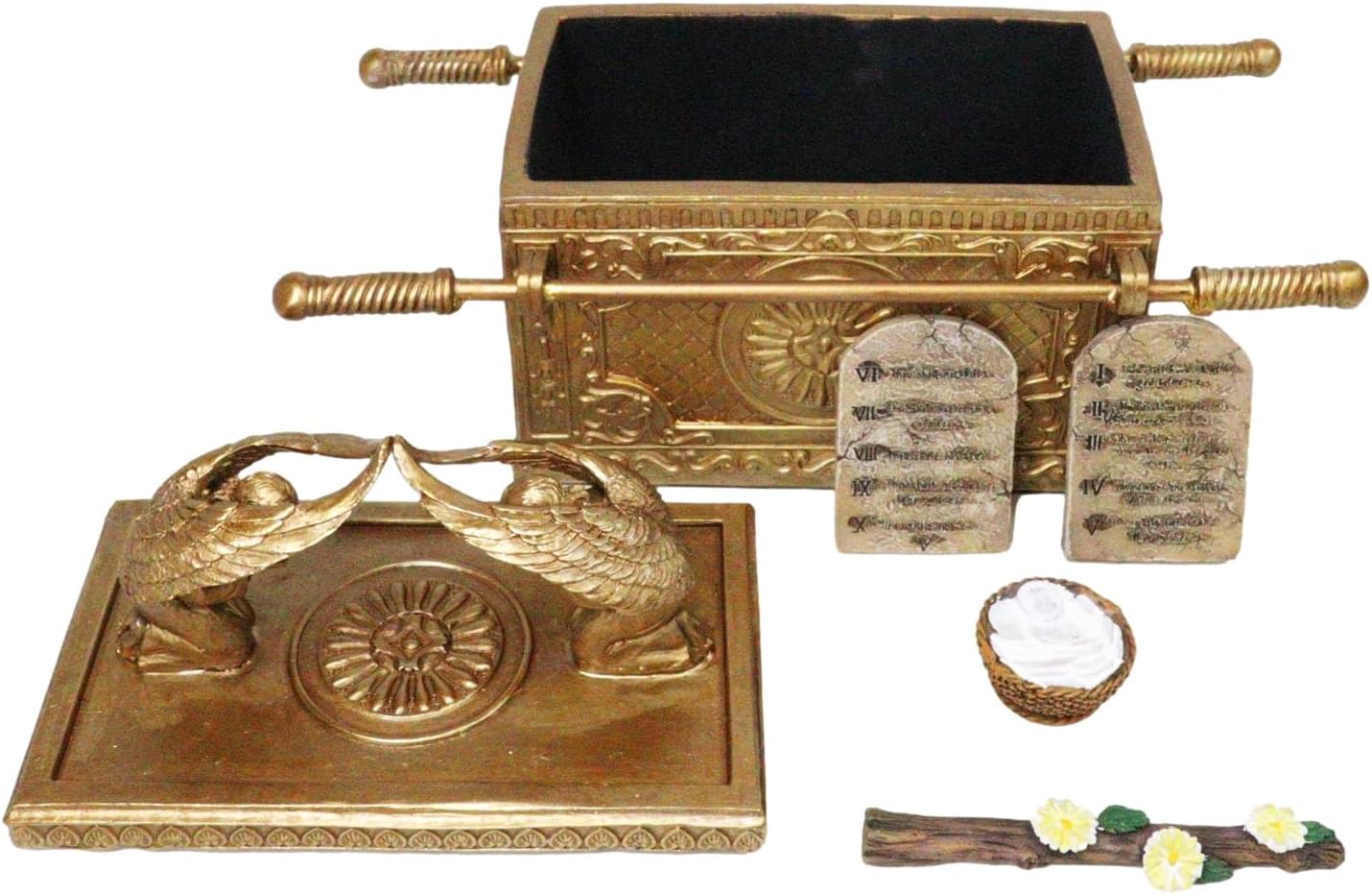 Ebros Matte Gold Holy Ark Of The Covenant With Ten Commandments Rod of Aaron and Manna Religious Decorative Figurine Trinket Box Collectible Judaic Israel Historic Model Replica (1:8 Scale 9.5"Long)
