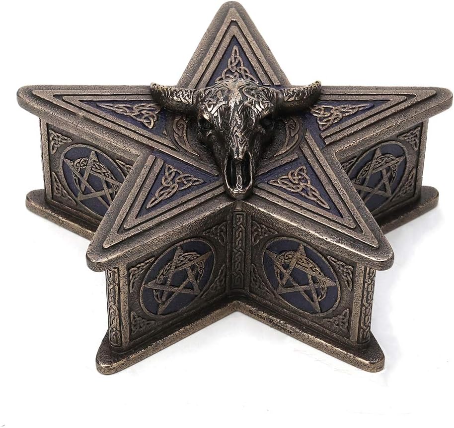 Veronese Design 2 3/4" Tall Cold Cast Resin Antique Bronze Finish Occult Cow Skull Pentagram Trinket Box Statue Container