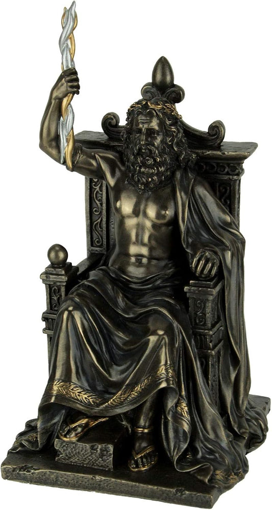 Veronese Design 8.1 Inch Zeus Holding Thunderbolt On Throne Greek Roman God Antique Bronze Finish Olympia Statue