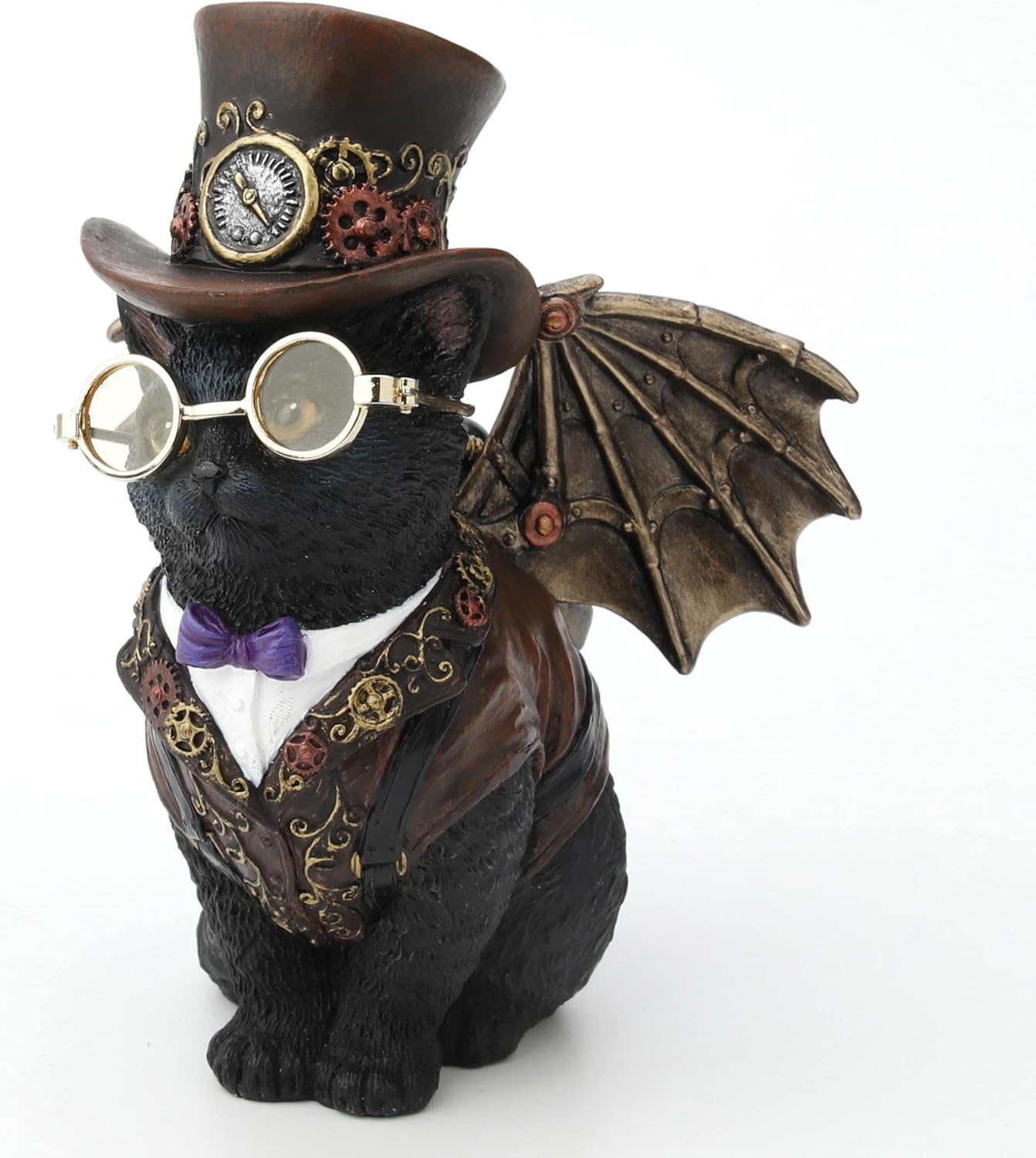 Hand Painted Steampunk Victorian Inventor Cat Statue With Wings and Top Hat 5 Inches Tall