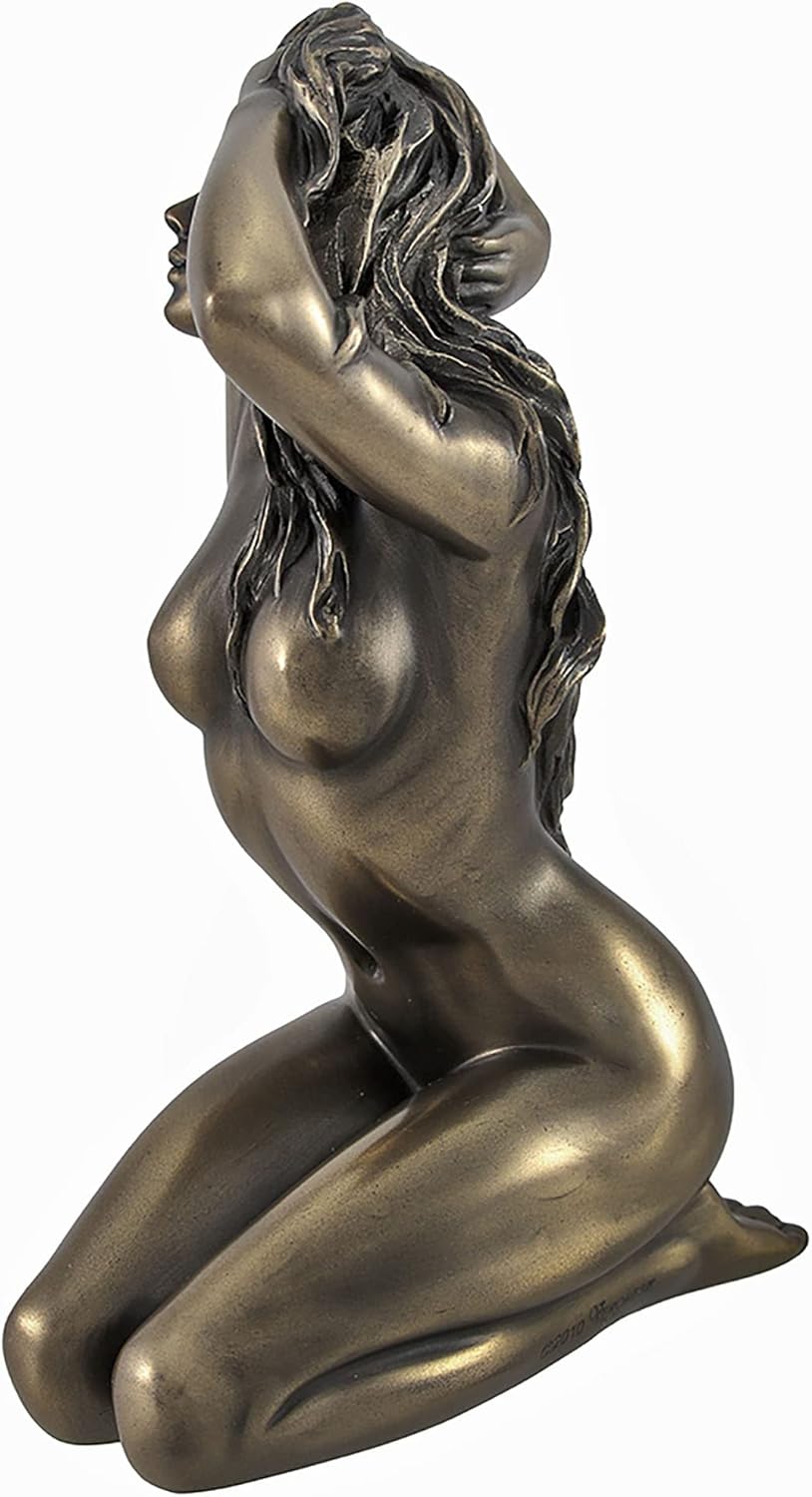 Veronese Design Bronze Finished Female Tasteful Nude Cast Resin Statue - Kneeling with Hands in Hair, Facing Right - Sculpted Elegance Embracing Femininity - 6 Inches Tall