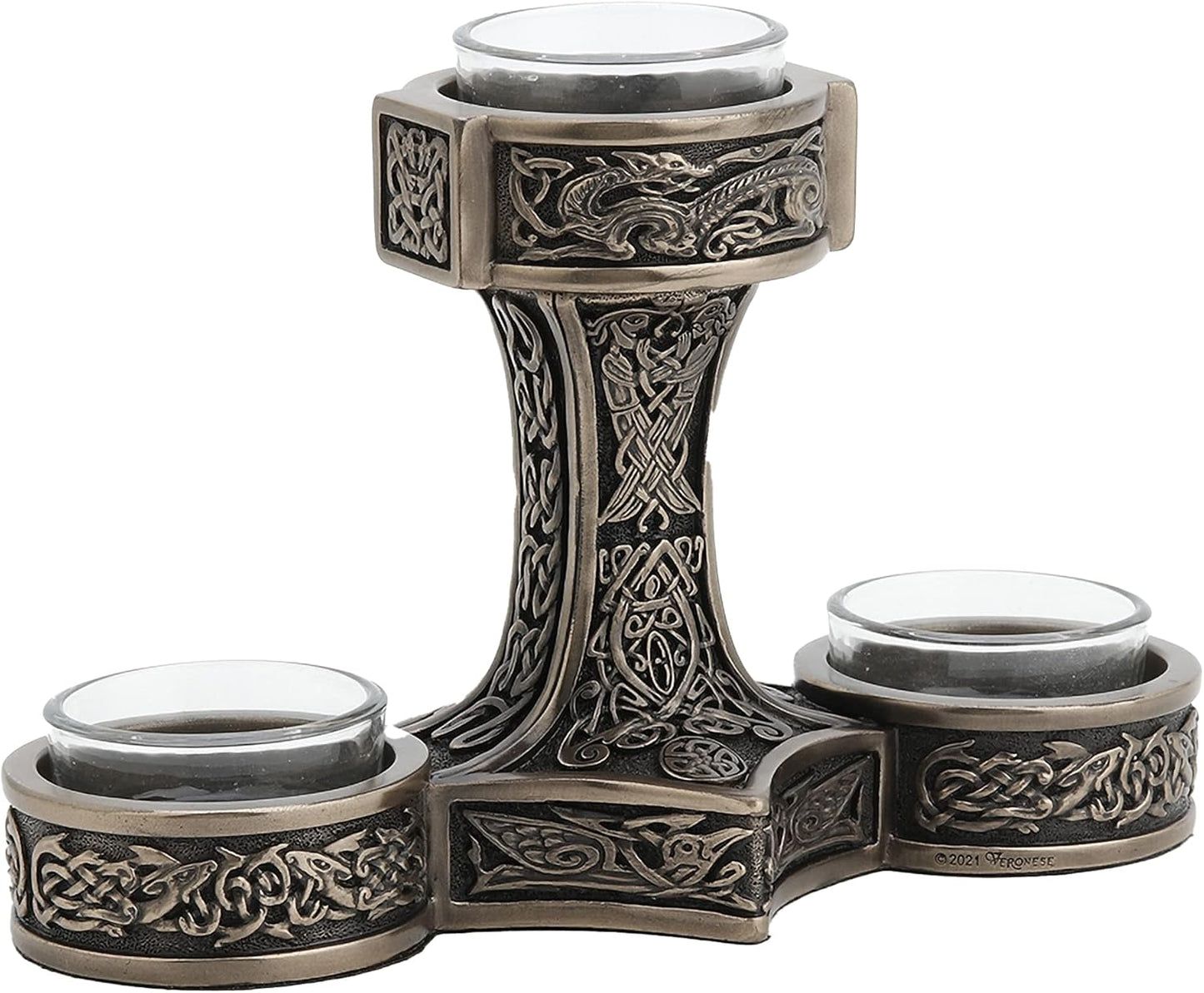Veronese Design 4 7/8 Inch Tall Mjolnir Hammer of Thor Triple Head Tealight Candle Holder Viking Nordic Decor Cold Cast Bronzed Resin Sculpture