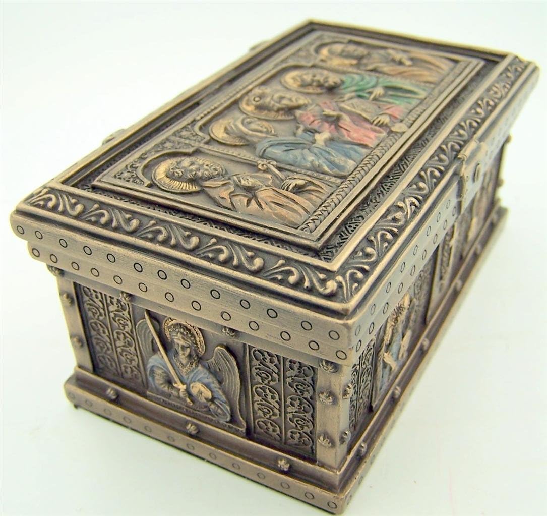 US Cold Cast Bronze 4 7/8 Inch Jesus Christ Saint Peter St Paul Icon Relic Rosary Trinket Box