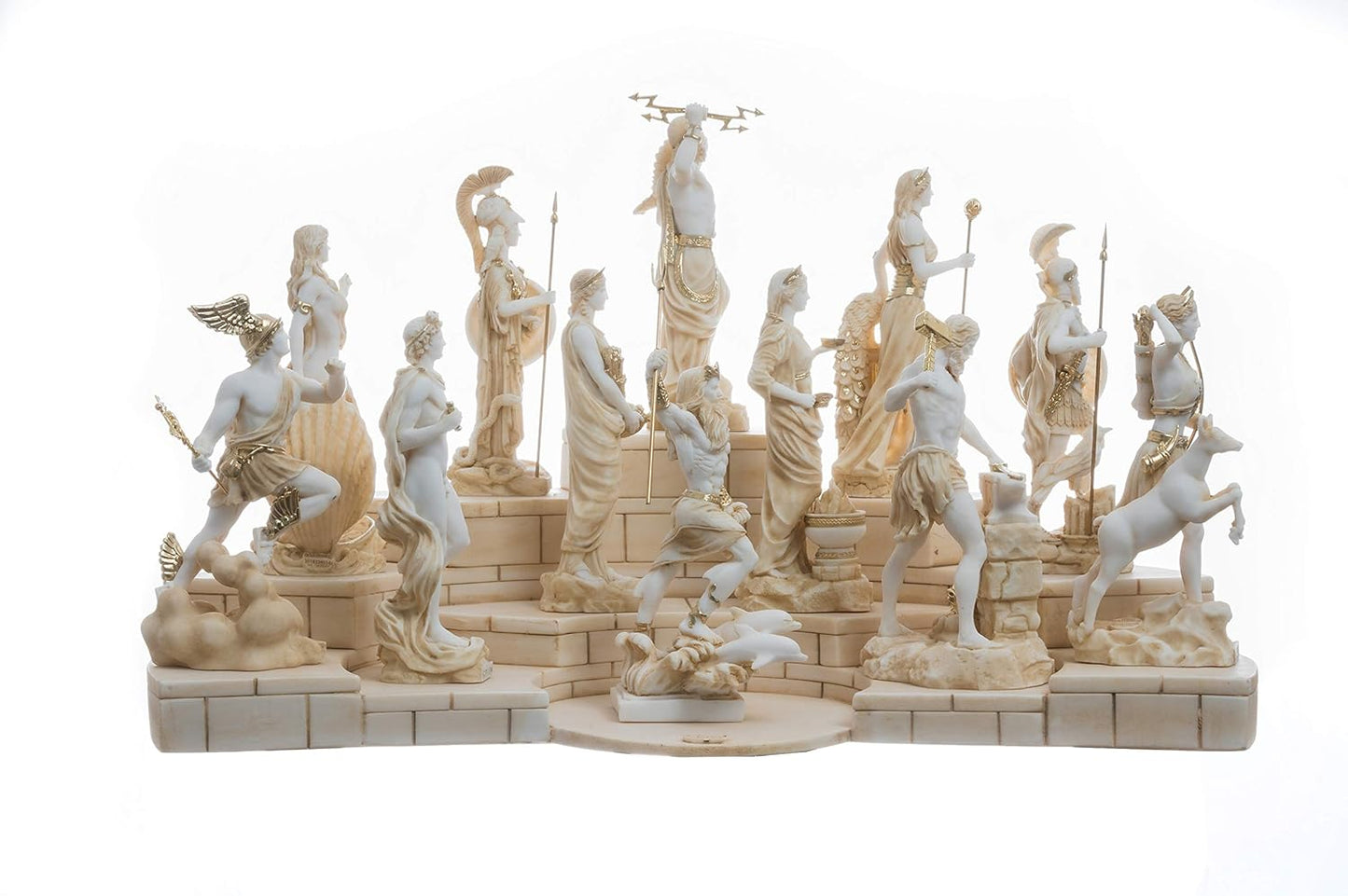 BeautifulGreekStatues Set 12 Olympian Gods of Mount Olympus Pantheon Gold Tone Alabaster Statues 6.7"