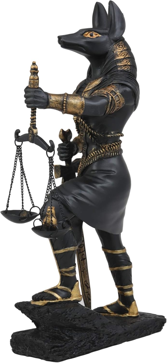 Ebros Ancient Egyptian God Anubis with Scales of Justice Statue Gods of The Dead and Afterlife Weighing The Heart Against Ostrich Feather Figurine 10" Tall (Black and Gold)