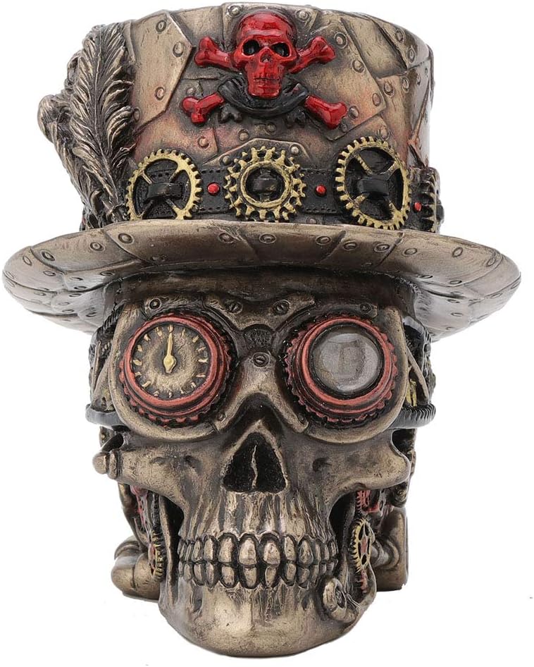 Veronese Design 4.5 Inch Steampunk Cross Bones Top Hat Motor Skull Antique Bronze Finish Sculpture Table Top Figurine