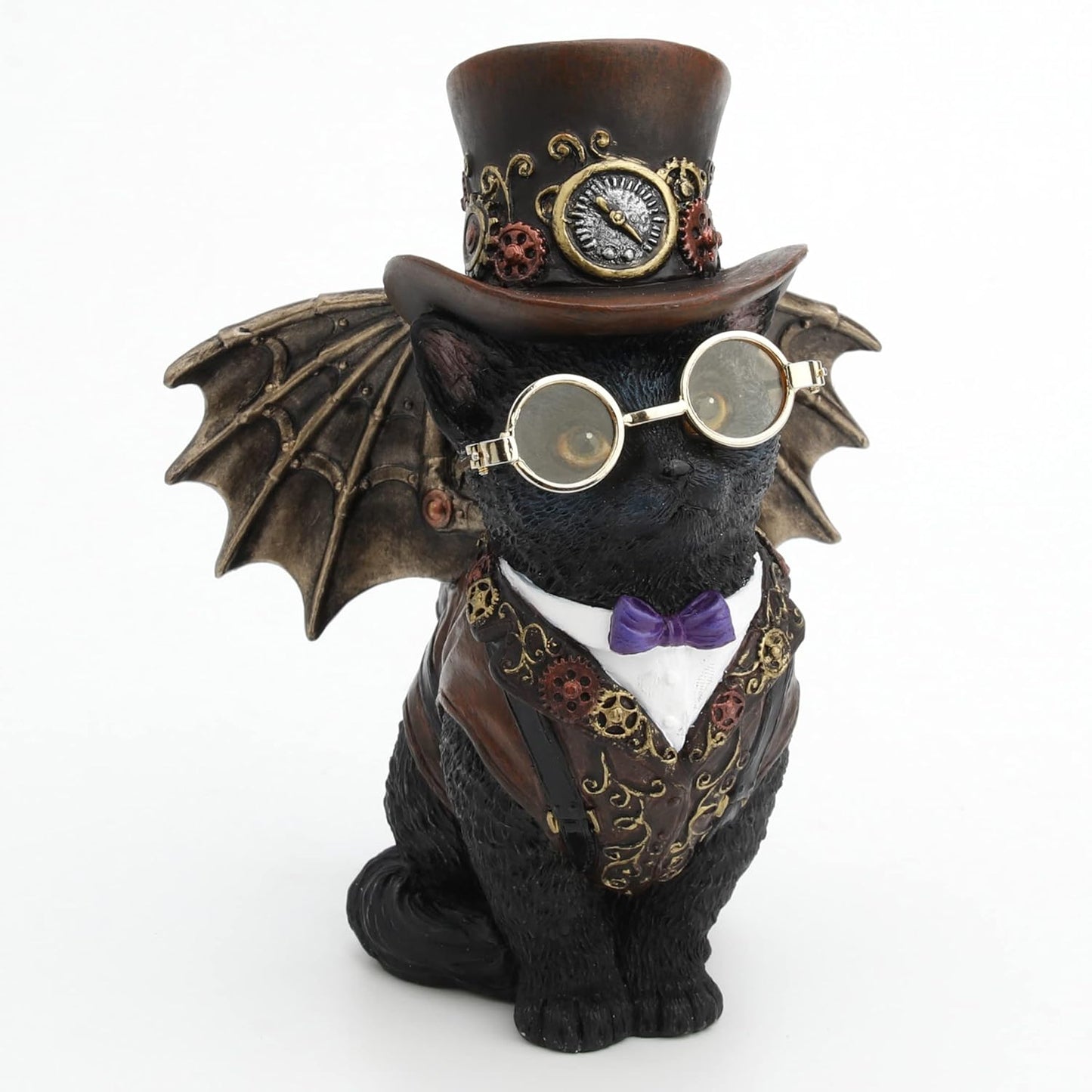 Hand Painted Steampunk Victorian Inventor Cat Statue With Wings and Top Hat 5 Inches Tall