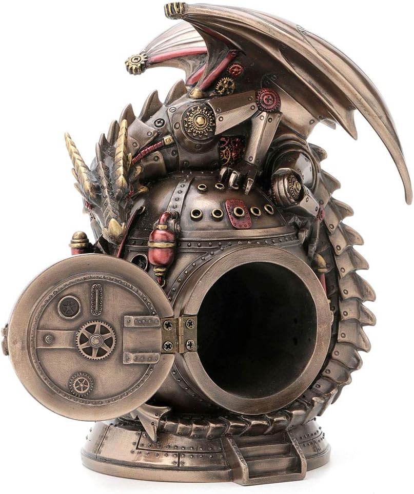 Veronese Design 7 Inch Steampunk Mechanical Dragon On The Time Machine Bank Vault Trinket Box Clock Antique Bronze Finish Statue
