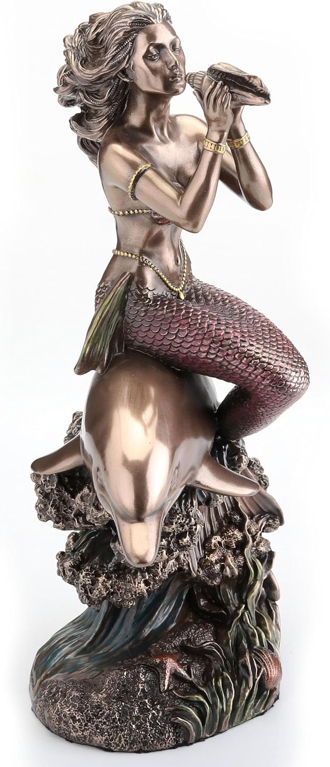 Veronese Design 8 1/4 Inch Mermaid On The Back of A Dolphin Cold Cast Resin Bronze Finish Sculpture