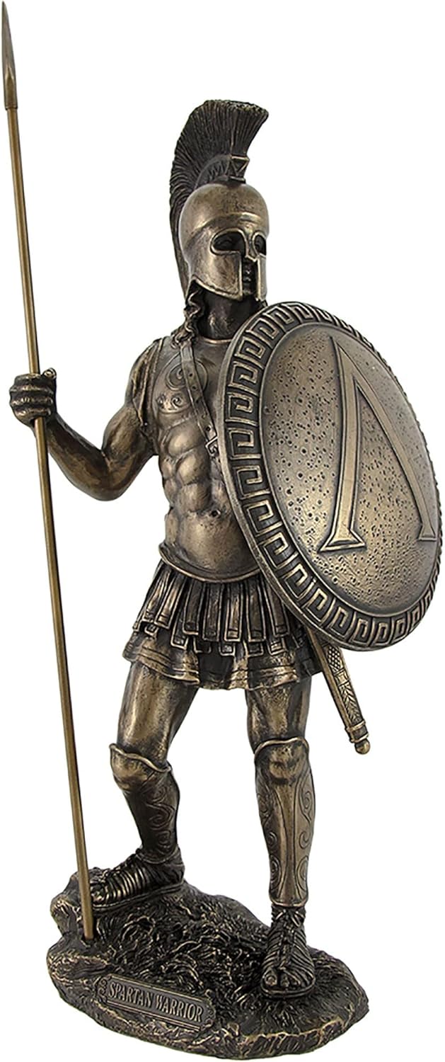 Bronzed Spartan Warrior with Spear and Hoplite Shield Statue