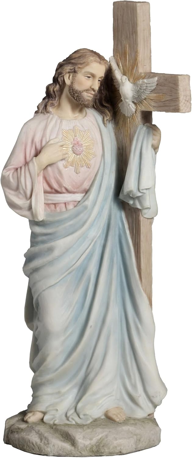 11.25" Jesus with Sacred Heart Leaning on The Dove Cross Figurine