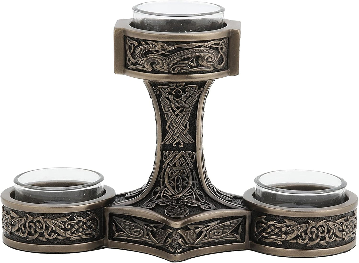 Veronese Design 4 7/8 Inch Tall Mjolnir Hammer of Thor Triple Head Tealight Candle Holder Viking Nordic Decor Cold Cast Bronzed Resin Sculpture