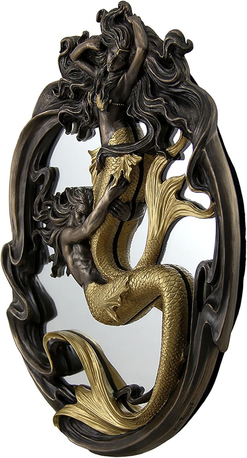 Veronese Design Holding On Merman & Mermaid In a Fluid Embrace Bronze & Gold Finish Wall Mirror