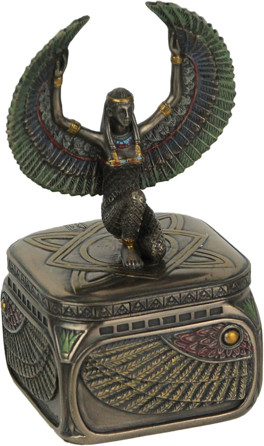 Veronese Design Bronze Finish Egyptian Winged Goddess Isis Trinket Box Hand Painted Accents