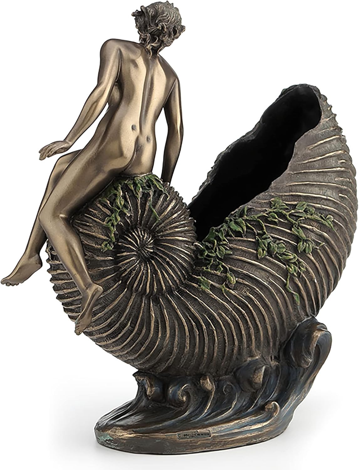 Veronese Design 9 5/8 Art Nouveau Nude Ldy Sitting On Nautilus Shell Container Resin Sculpture Bronze Finish