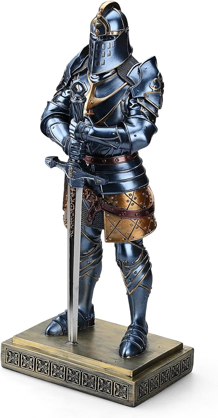Medieval Knight Statue King's Guard Medieval Decor Polyresin Knight Swordsman Armor Statue Top Collection as Gift 15.12 Inch (Blue)