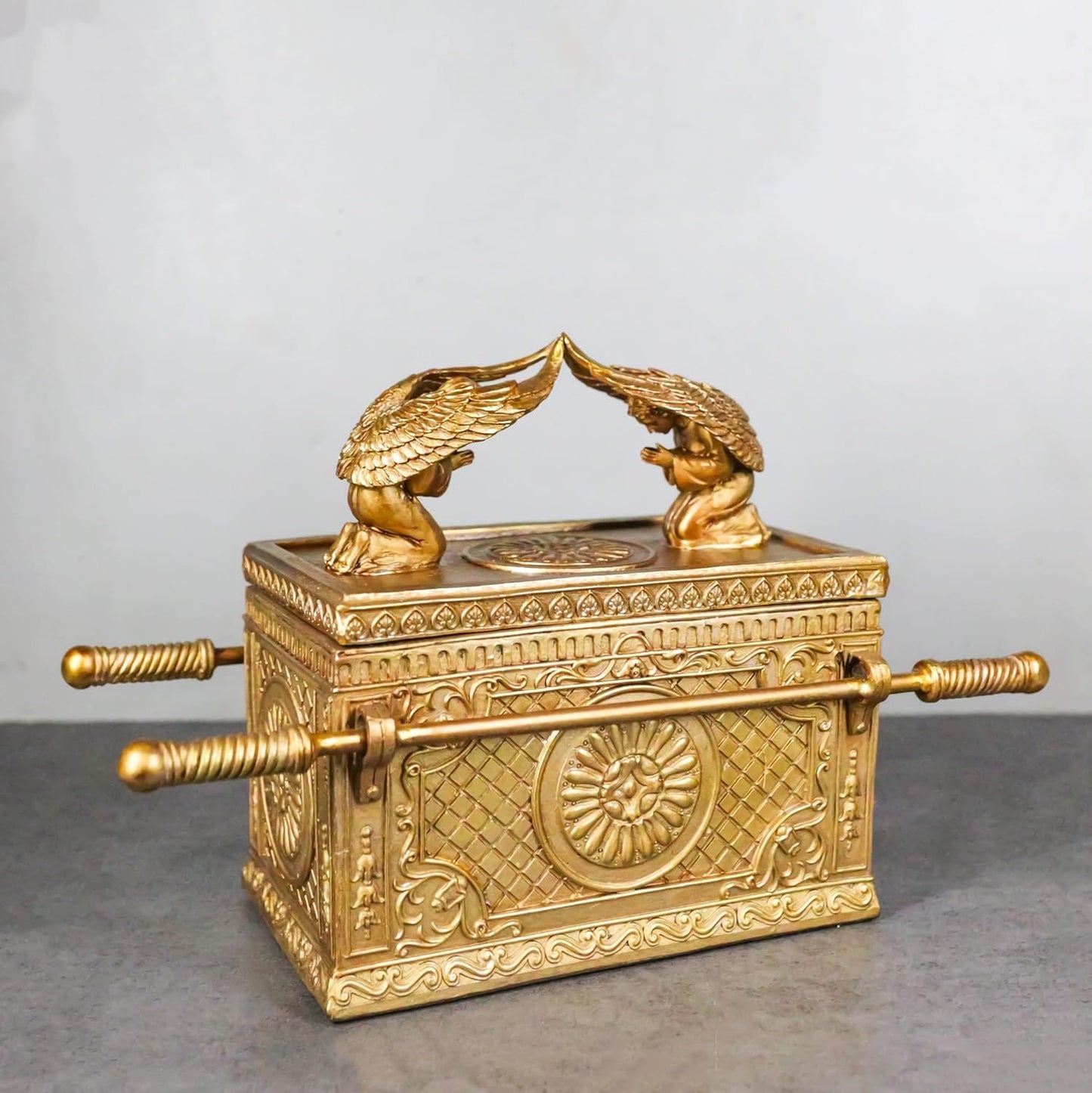 Ebros Matte Gold Holy Ark Of The Covenant With Ten Commandments Rod of Aaron and Manna Religious Decorative Figurine Trinket Box Collectible Judaic Israel Historic Model Replica (1:8 Scale 9.5"Long)