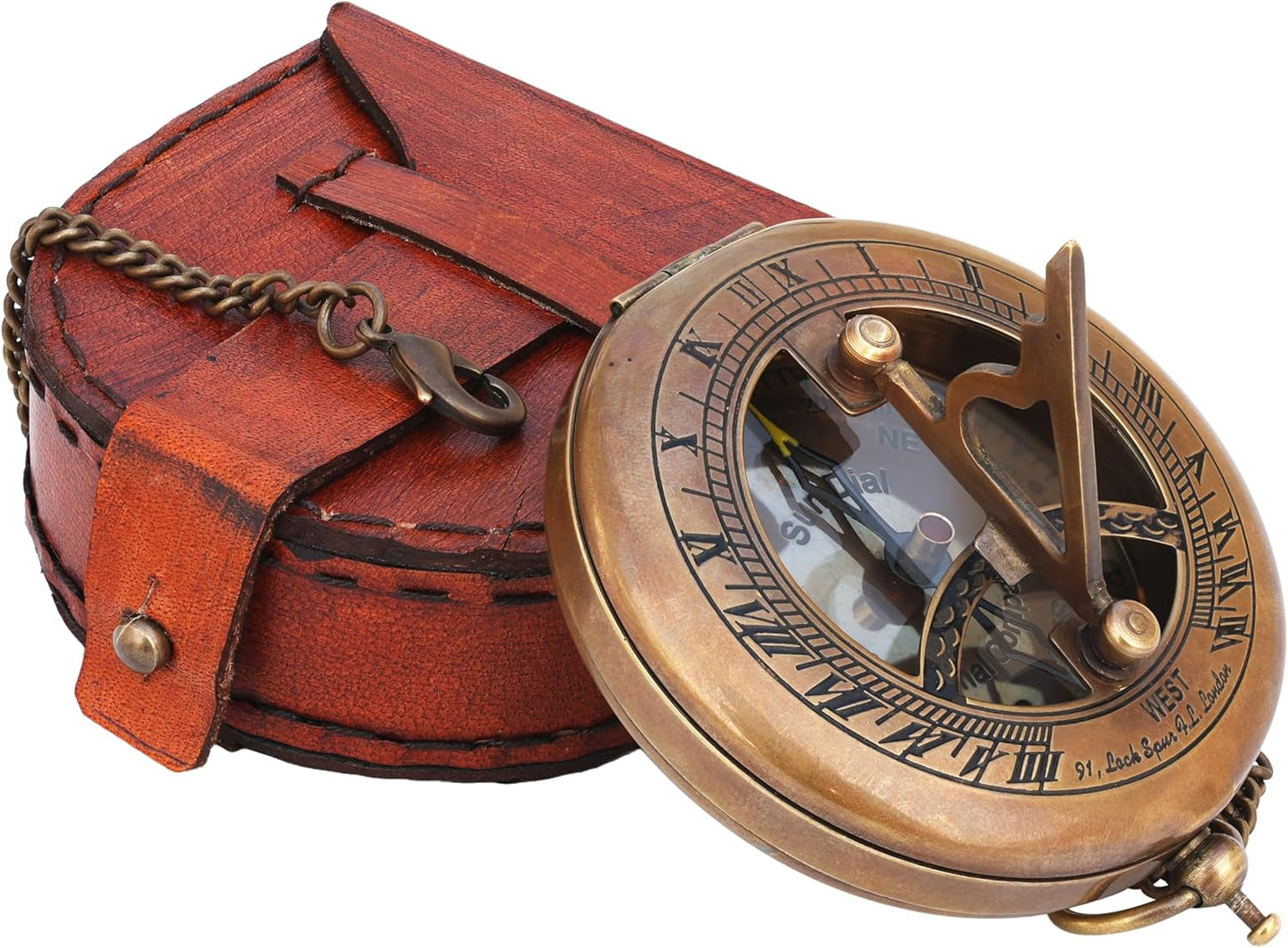 Brass Sundial Compass with Leather Case and Chain - Push Open Compass - Steampunk Accessory – Unique Gift for Men - Beautiful Handmade Gift - Sundial Clock – Sun Clock – Steampunk Clock