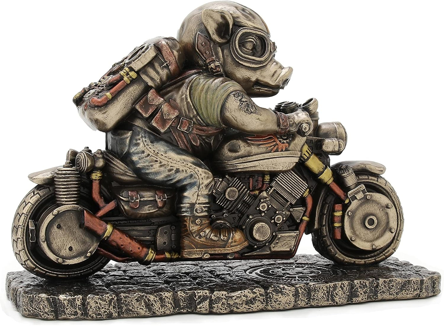 Veronese Deign 4 1/2 Inch Tall Steampunk Motorcycle Rough Rider Speed Bacon Hog Figurine Cold Cast Bronzed Resin Statue Pig Animal Collectibles