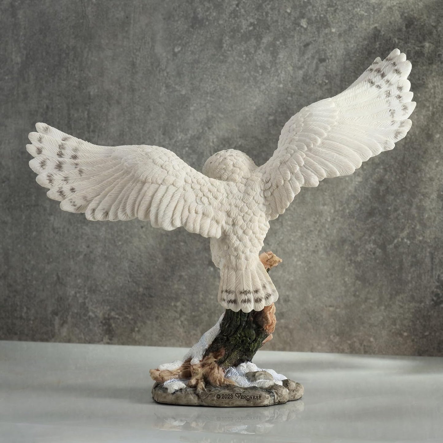 Veronese Design 7 1/8 Inch Snowy Owl Spreading Wings Perching On Branch Resin Animal Sculpture Hand Painted Figurine