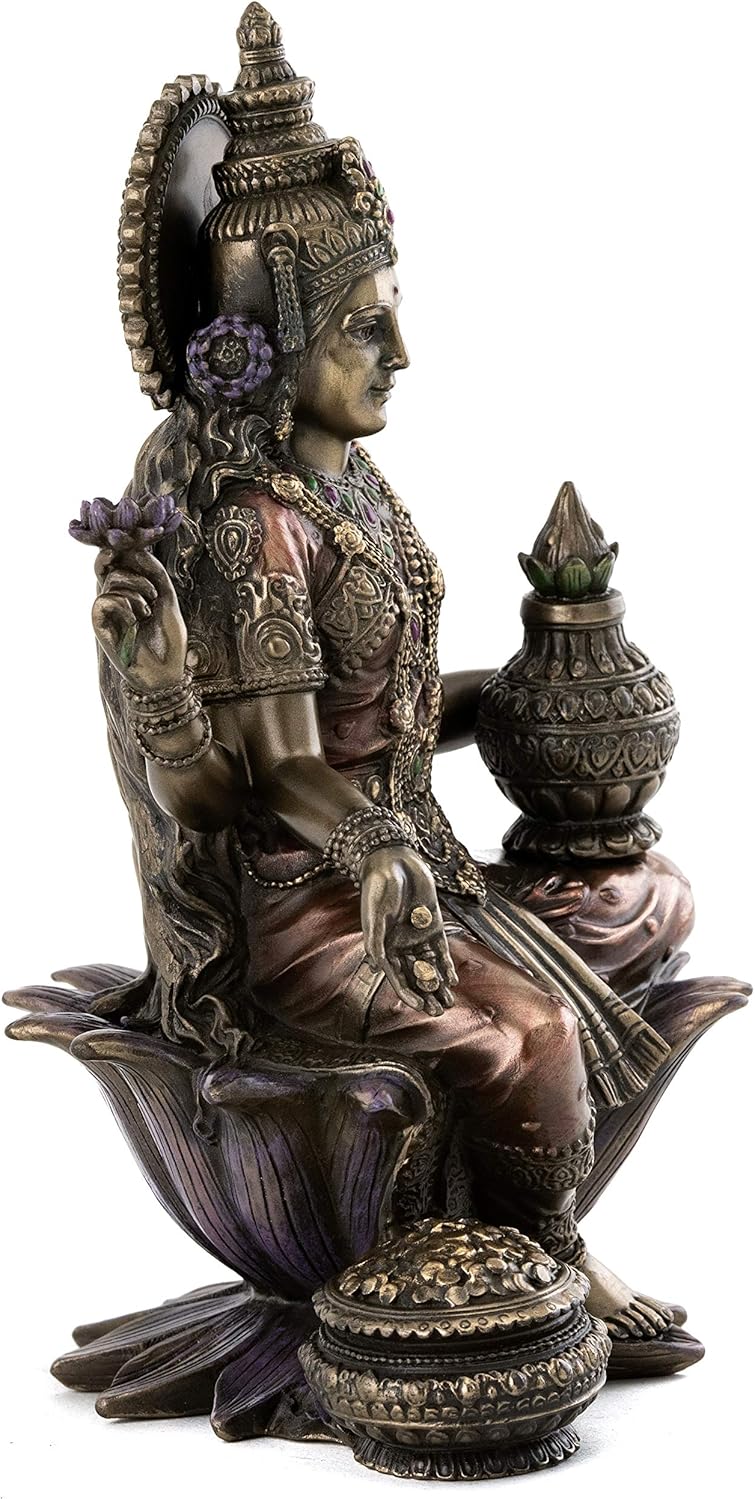 Top Collection Lakshmi Statue Seated on Lotus Platform - Goddess of Wealth, Prosperity, Wisdom, and Fortune Sculpture in Premium Cold Cast Bronze - 7-Inch Collectible Hindu Figurine