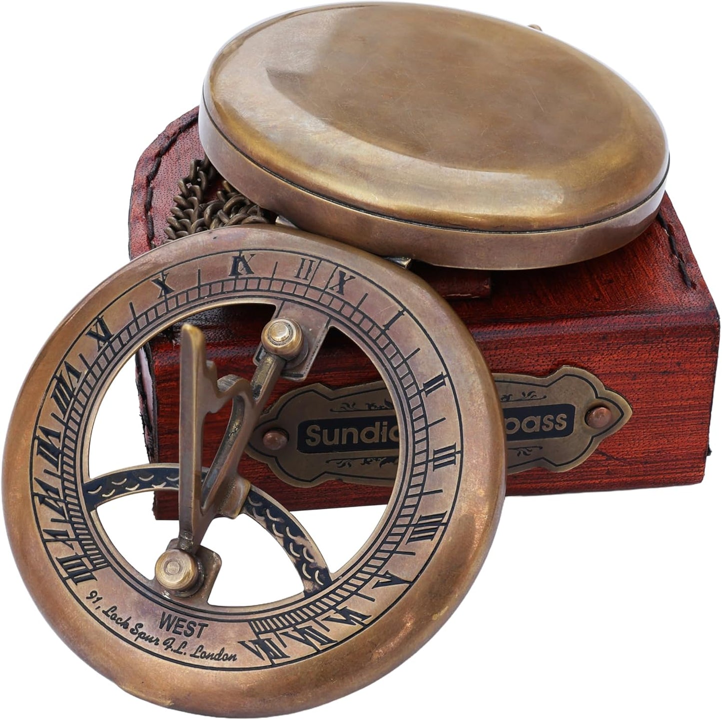 Brass Sundial Compass with Leather Case and Chain - Push Open Compass - Steampunk Accessory – Unique Gift for Men - Beautiful Handmade Gift - Sundial Clock – Sun Clock – Steampunk Clock