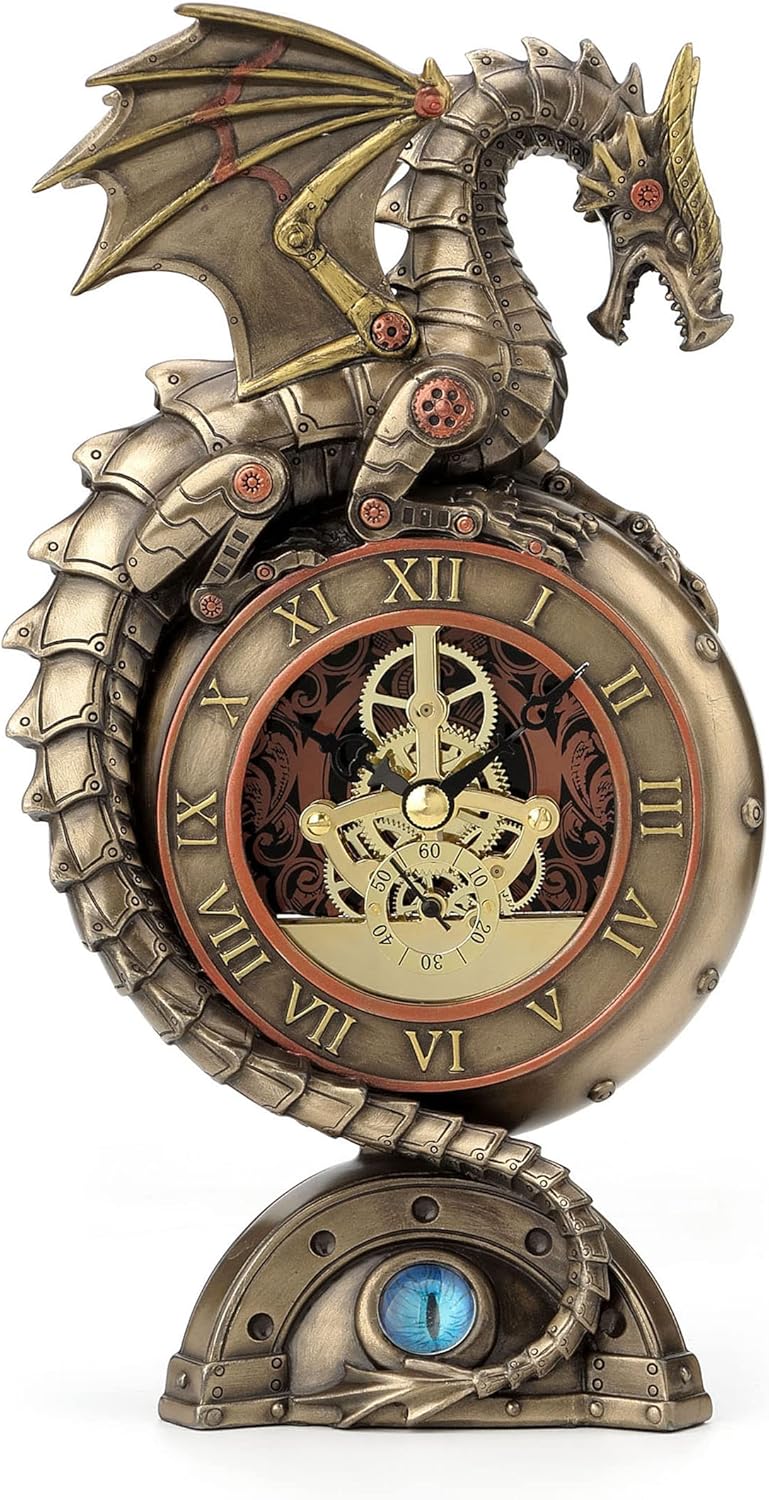 Resin Table Clocks Steampunk Dragon Bronze Finish Table Clock With Moving Clockworks 4.75 X 9 X 3 Inches Bronze