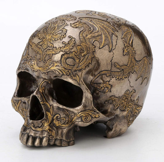 Veronese Design Bronze Finish Thistle Flying Dragon Coat of Arms On Skull Statue