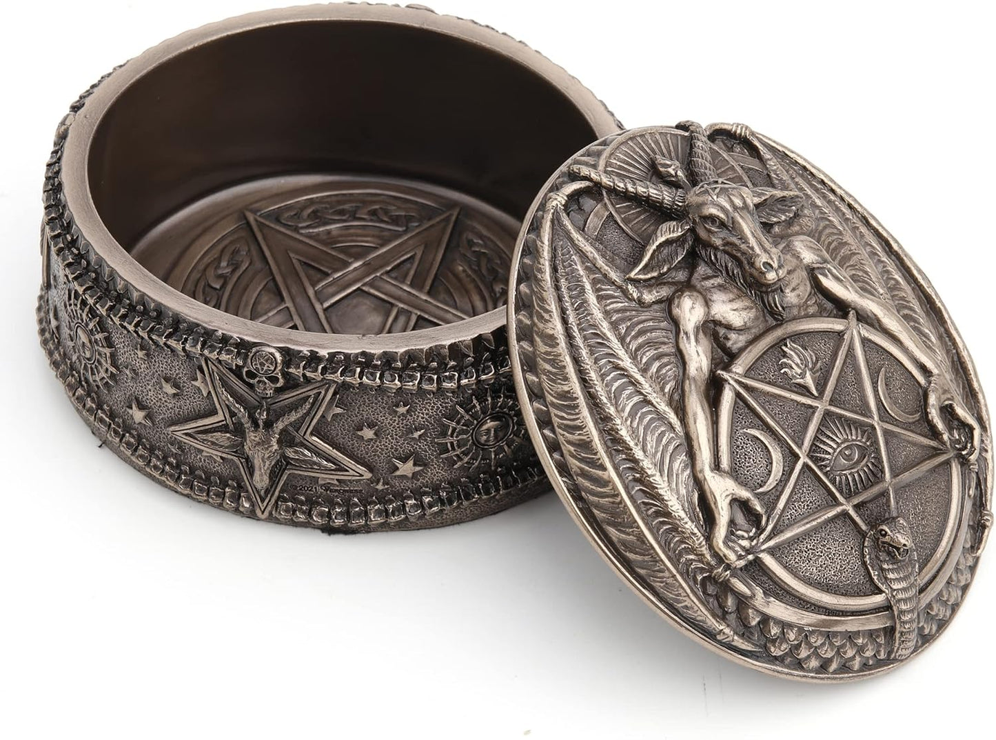 Veronese Design Baphomet With Inverted Pentagram Bronze Finished Round Trinket Box