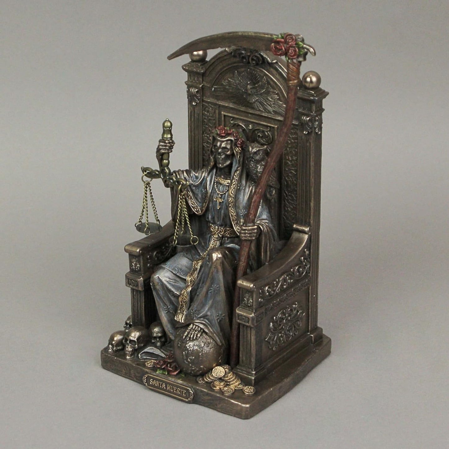 Veronese Design 8 5/8" Sitting Santa Muerte Grim Reaper Scythe and Scale Resin Sculpture Antique Bronze Finish