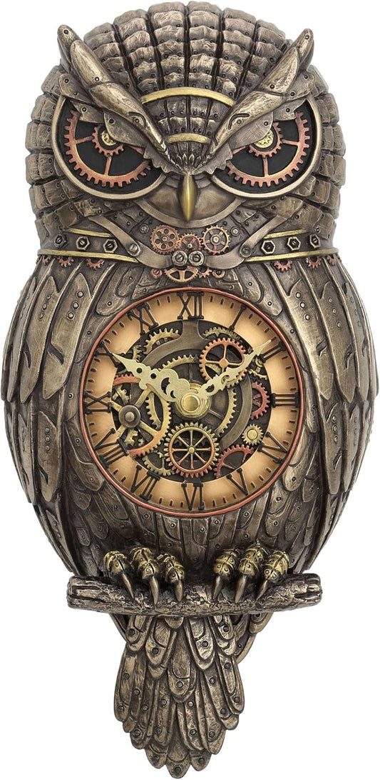 Veronese Design Metallic Bronze Finished Steampunk Owl Pendulum Wall Clock
