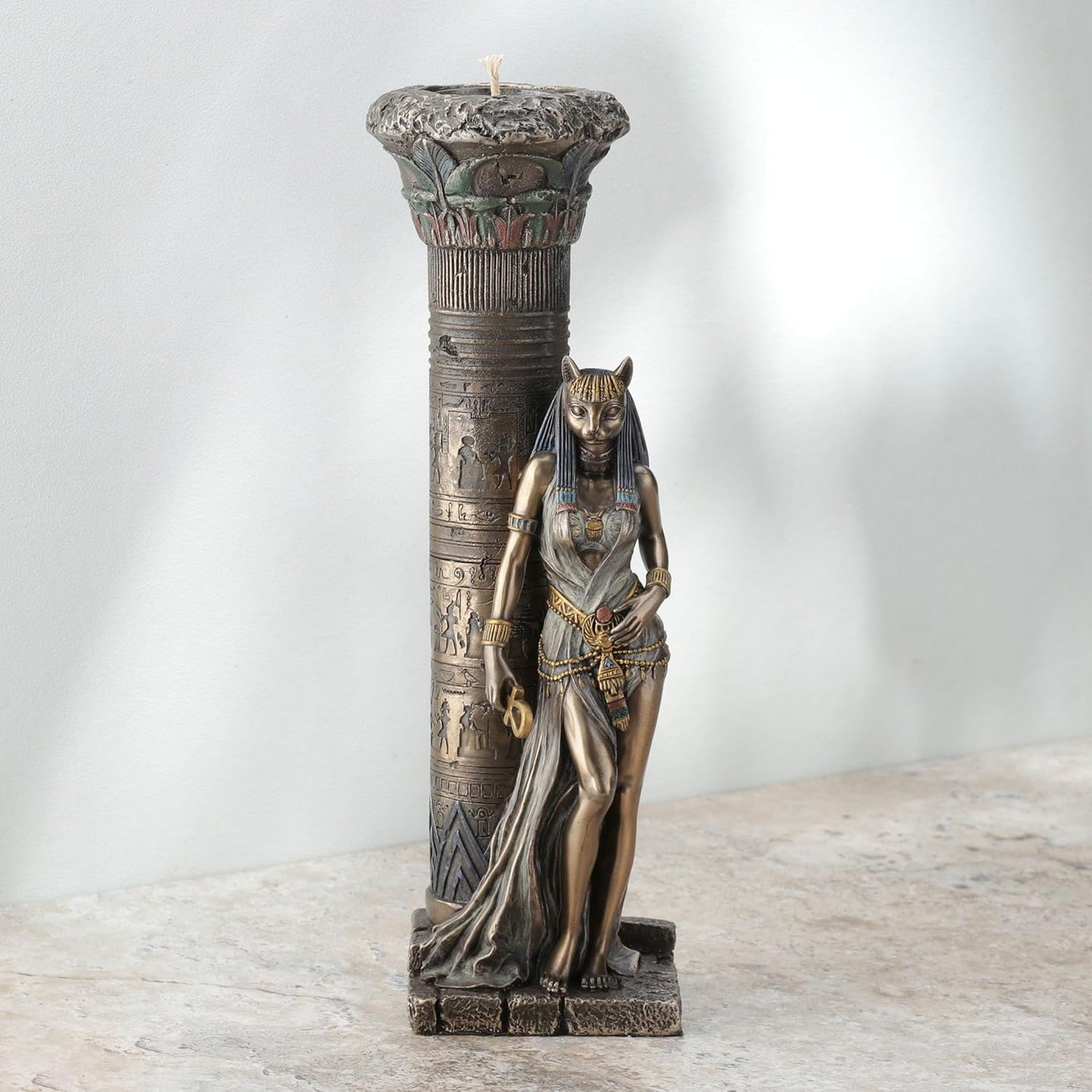 Veronese Design Egyptian Goddess Bastet Leaning on Pillar Statue