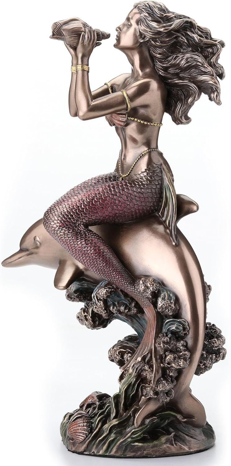 Veronese Design 8 1/4 Inch Mermaid On The Back of A Dolphin Cold Cast Resin Bronze Finish Sculpture