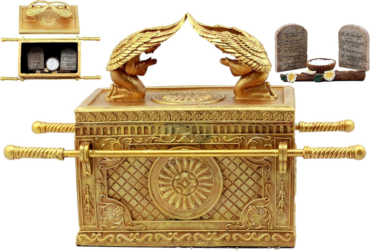 Ebros Matte Gold Holy Ark Of The Covenant With Ten Commandments Rod of Aaron and Manna Religious Decorative Figurine Trinket Box Collectible Judaic Israel Historic Model Replica (1:8 Scale 9.5"Long)
