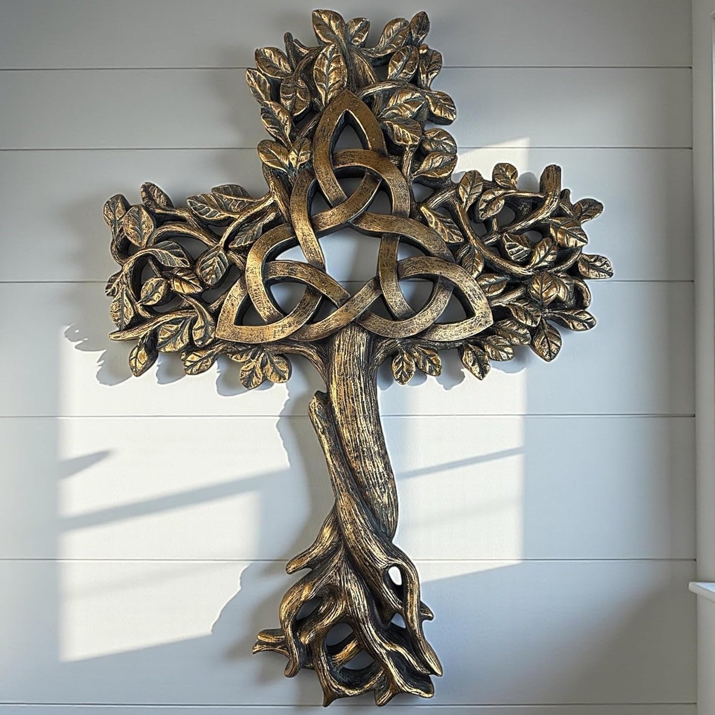 Top Brass Celtic Tree of Life Wall Cross – Resin Decorative Sculpture with Spiritual Trinity Knot & Sawtooth Hanger – 12 ¼” Tall Christian Home Decor, Rustic Bronze Finish