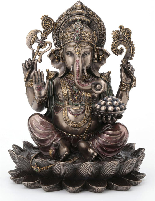Veronese Design Bronze Finish Ganesha Seated On Lotus Holding Sacred Objects Statue