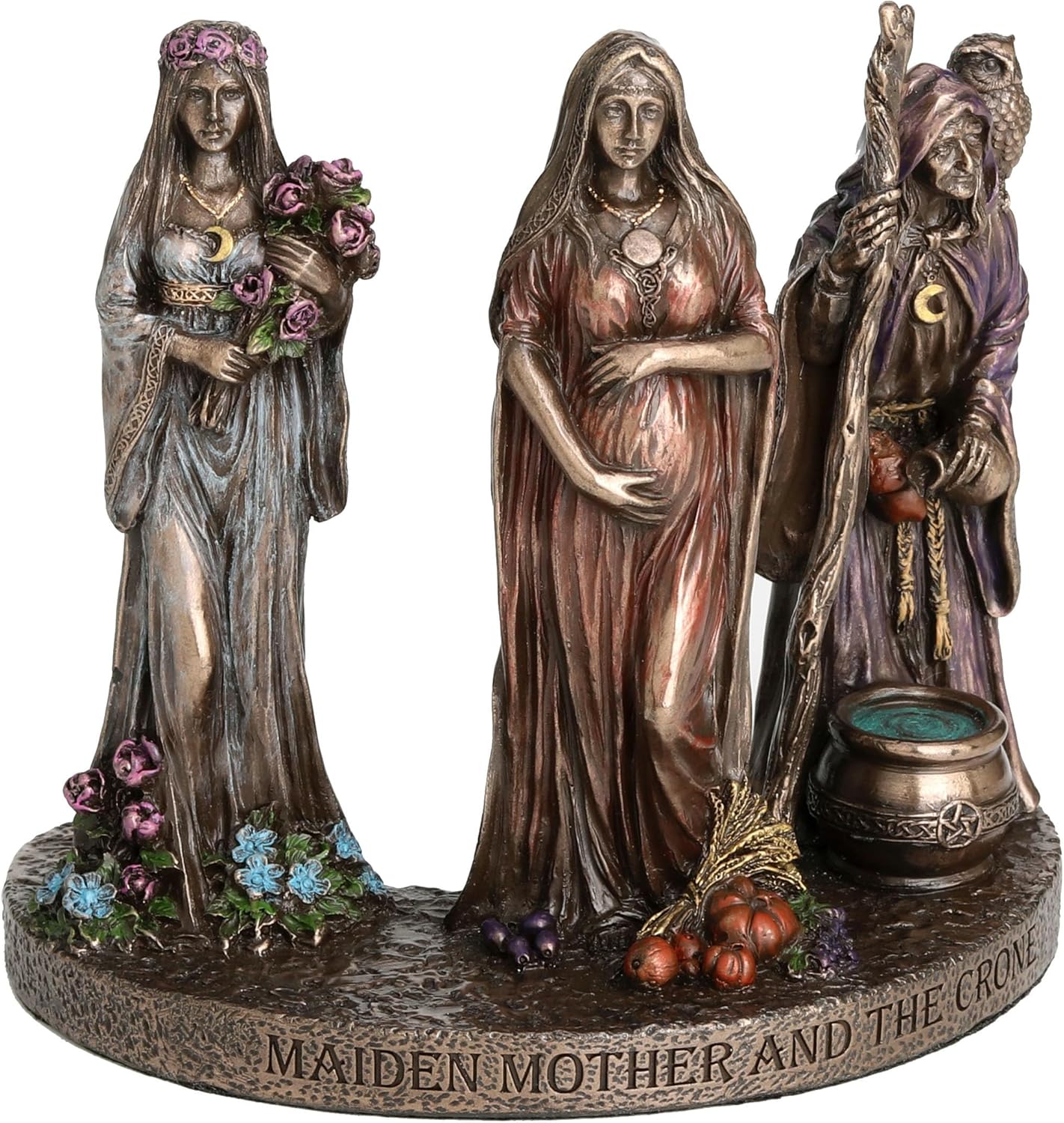 Veronese Design 4 3/8 Inch Triple Moon Goddess Maiden Mother and Crone Cold Cast Resin Bronze Finish Wiccan Sculpture