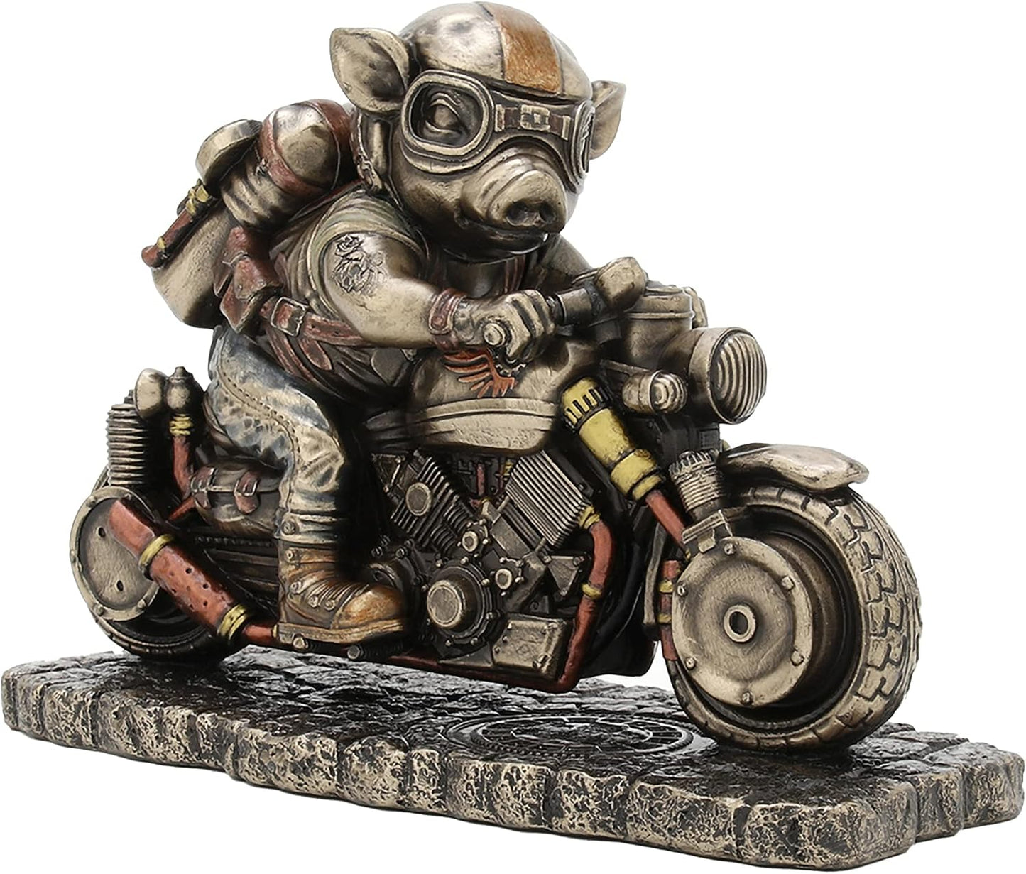 Veronese Deign 4 1/2 Inch Tall Steampunk Motorcycle Rough Rider Speed Bacon Hog Figurine Cold Cast Bronzed Resin Statue Pig Animal Collectibles