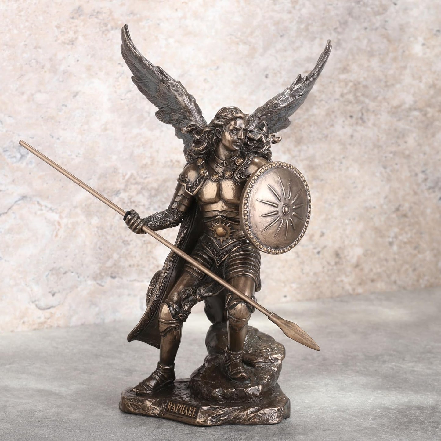Raphael God Has Healed Holding Shield and Spear Bronze Statue Figurine