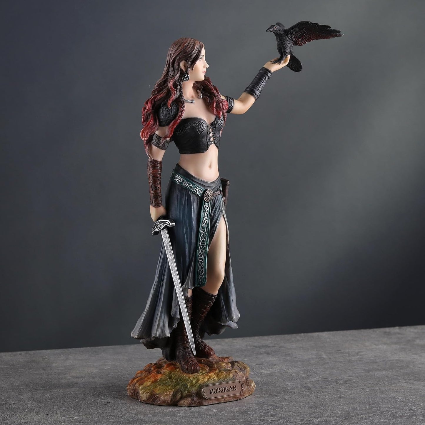 Veronese Design Morrigan Celtic Goddess of Battle w/Crow & Sword Hand Painted Statue