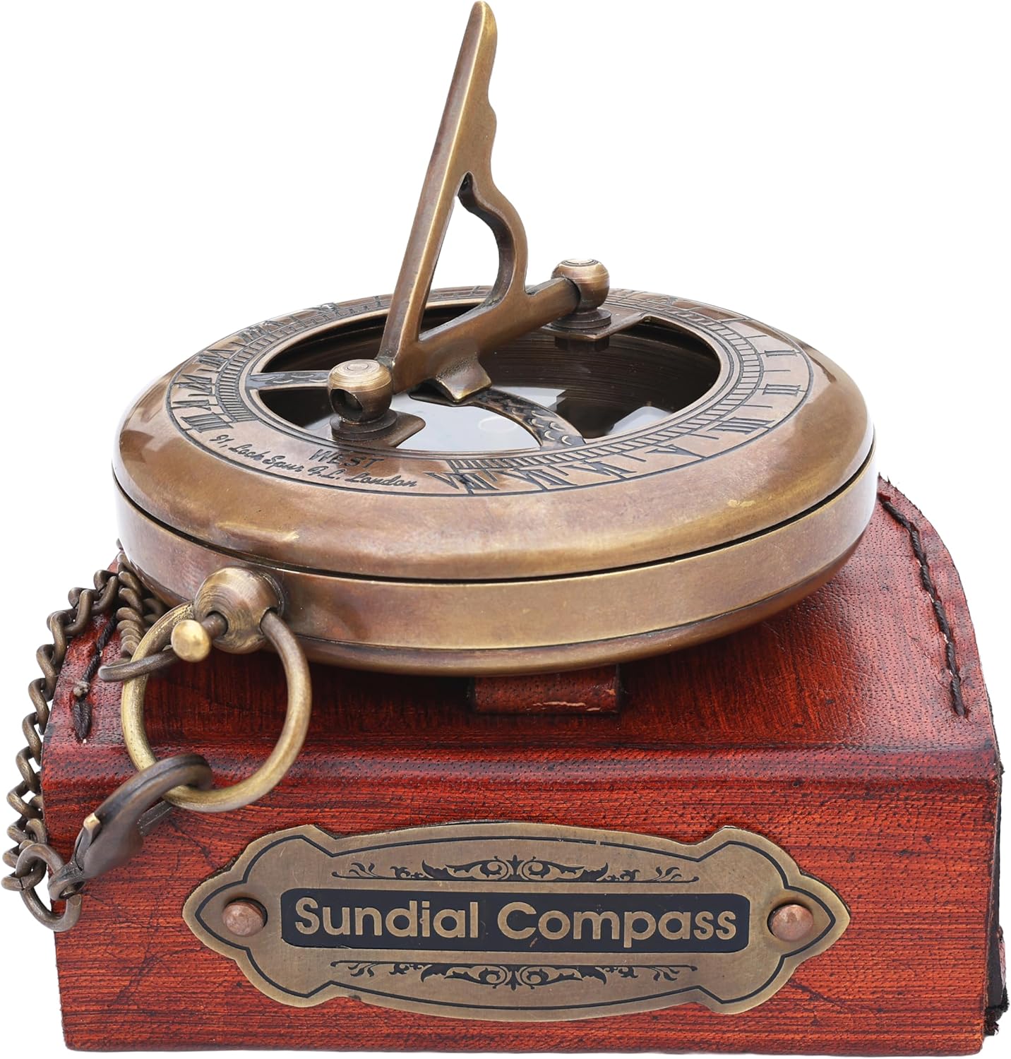 Brass Sundial Compass with Leather Case and Chain - Push Open Compass - Steampunk Accessory – Unique Gift for Men - Beautiful Handmade Gift - Sundial Clock – Sun Clock – Steampunk Clock