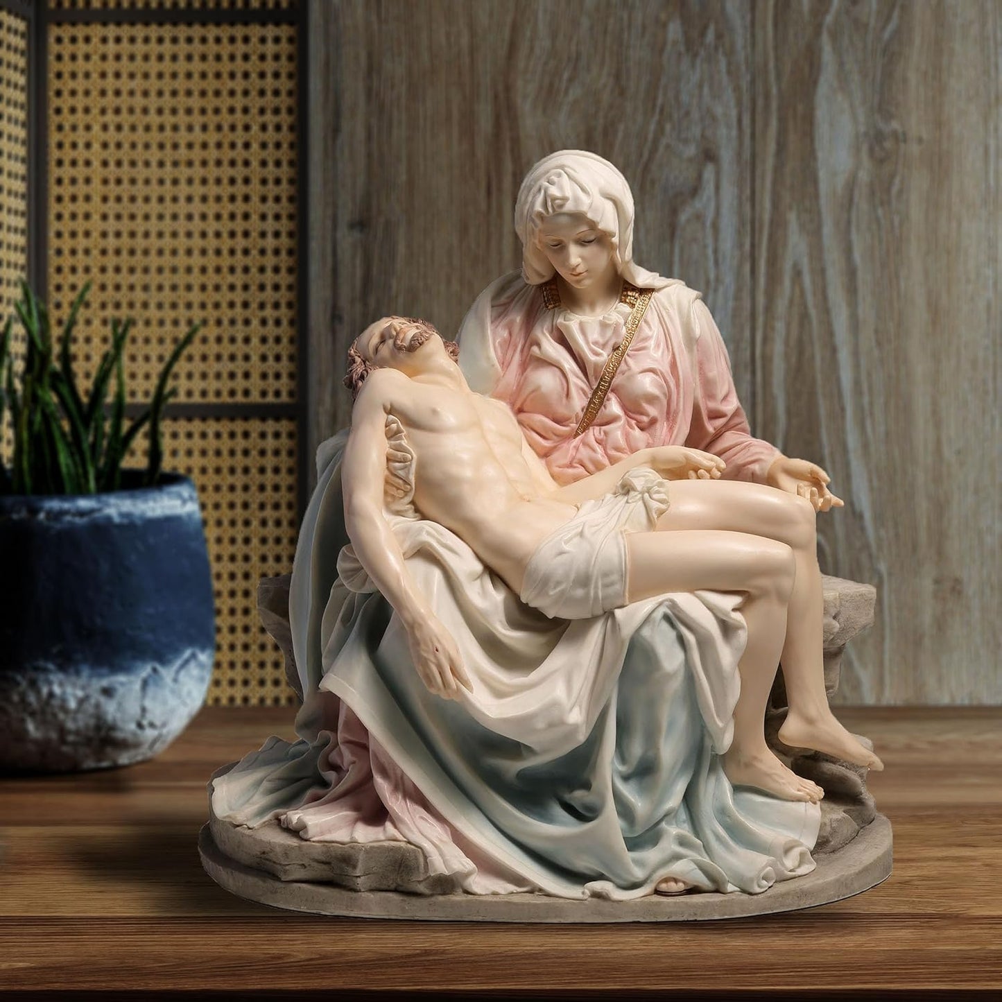 US 10.63 Inch Pieta and Michelangelo Decorative Figurine, Pink and Blue