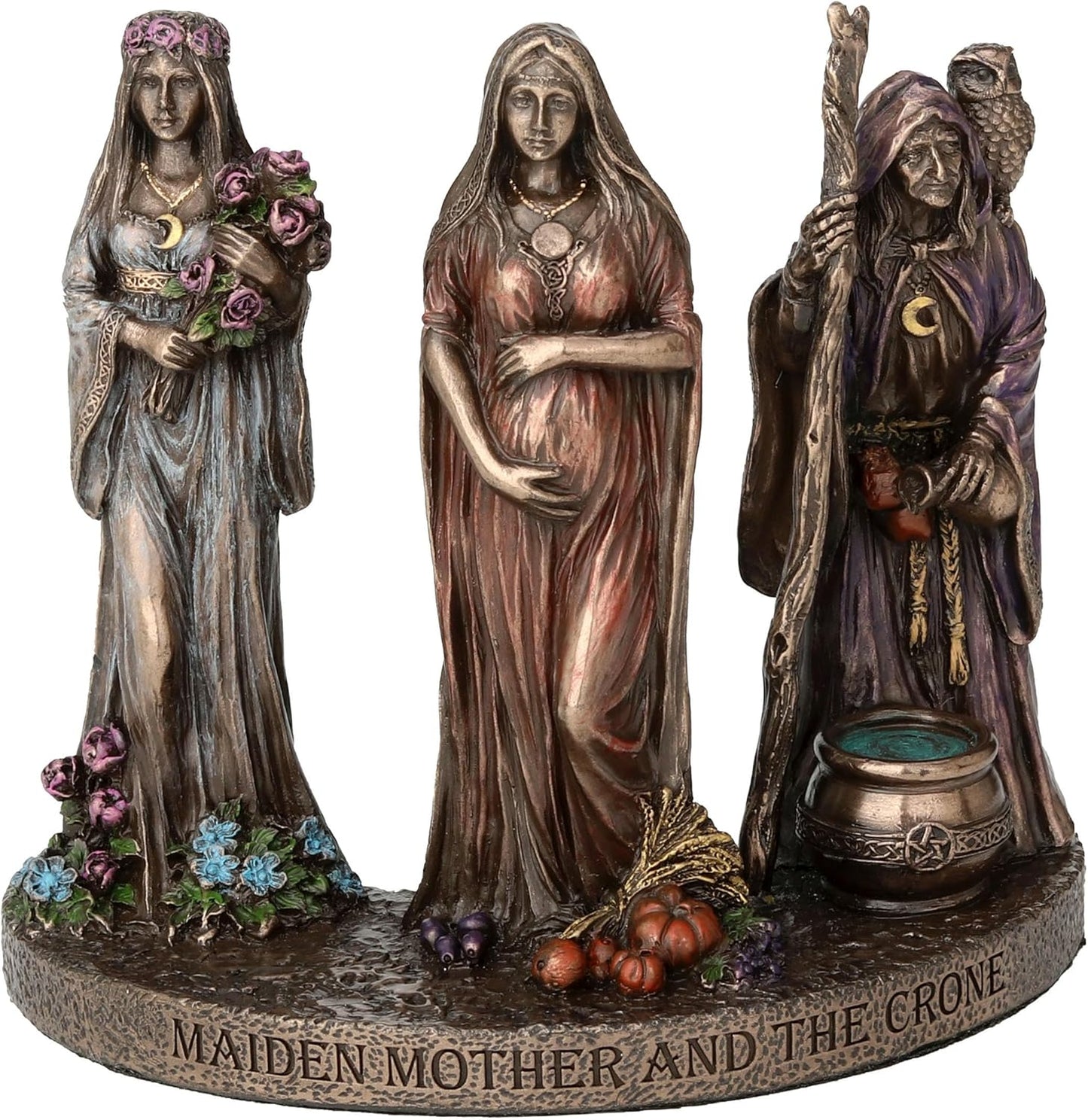 Veronese Design 4 3/8 Inch Triple Moon Goddess Maiden Mother and Crone Cold Cast Resin Bronze Finish Wiccan Sculpture