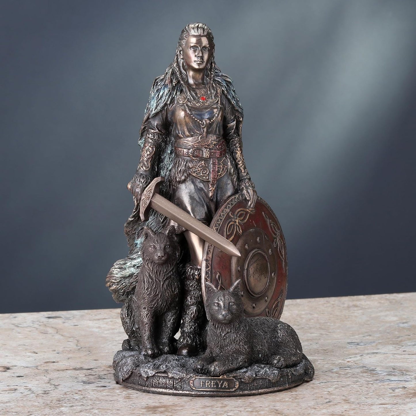 Veronese Design 8 1/4 Shield Maiden Freya Norse Goddess of Love Beauty and War Cold Cast Resin Sculpture Antique Bronze Finish Statue
