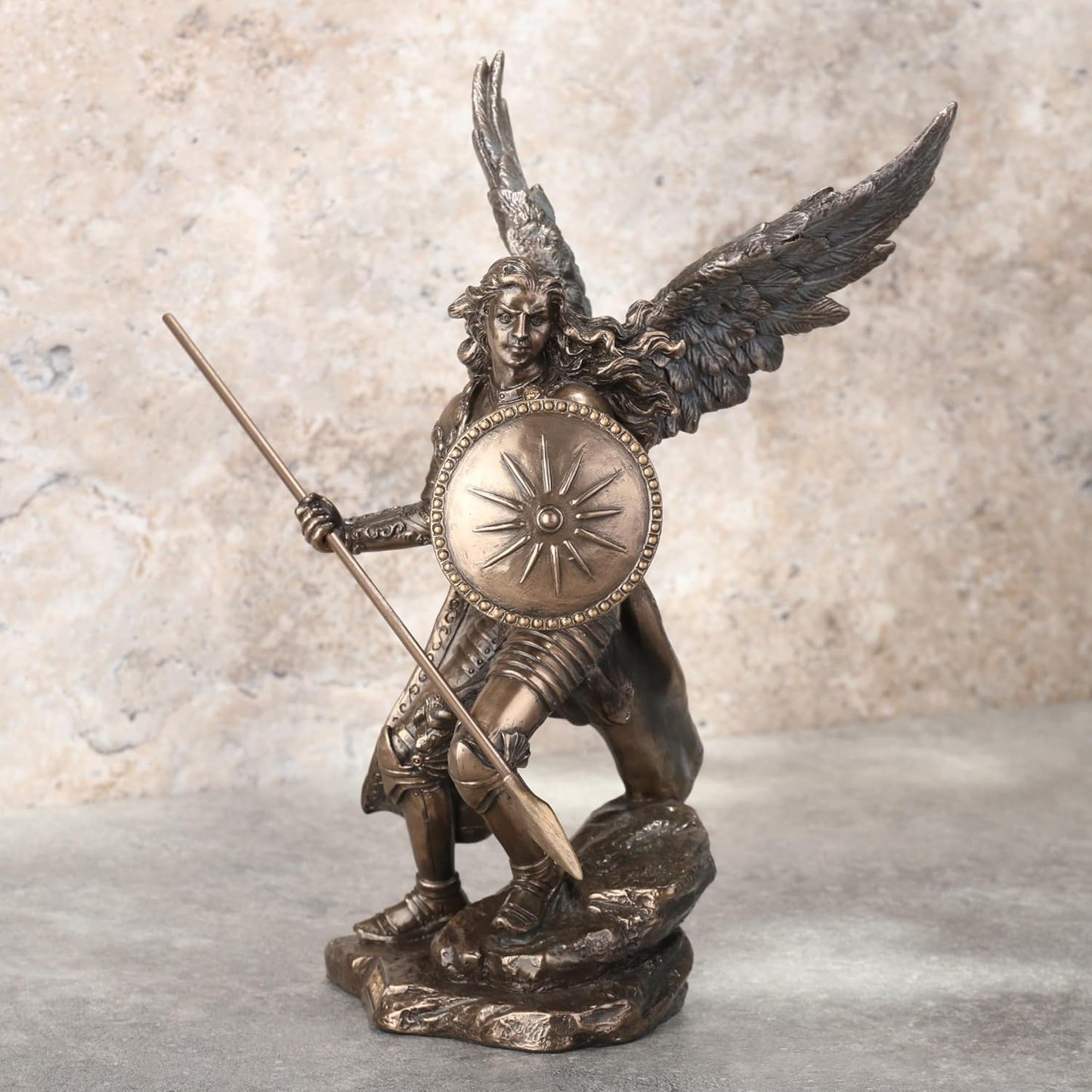 Raphael God Has Healed Holding Shield and Spear Bronze Statue Figurine
